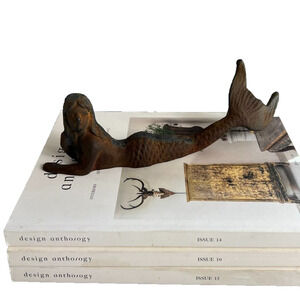 Cast Iron Mermaid Statue Siren Figurine Shelf Laying 9” Long Green Vintage